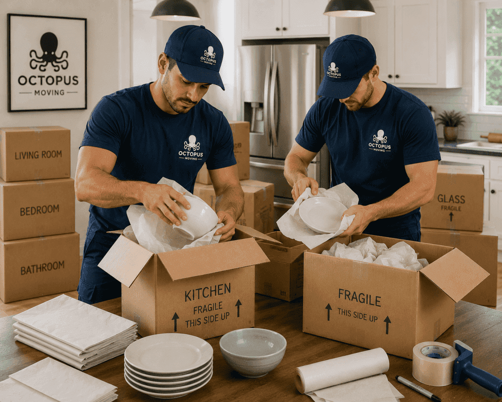 Movers packing fragile kitchen items with packing paper