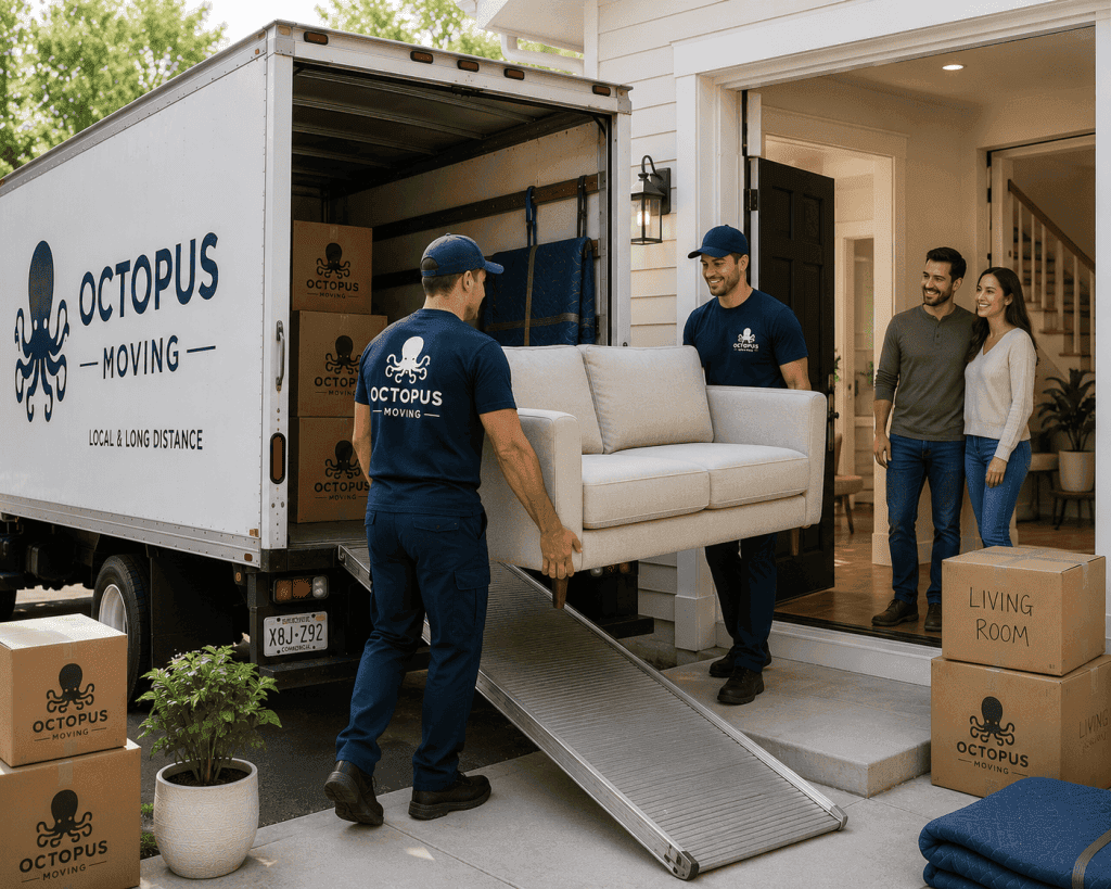 Movers unloading furniture at a new home