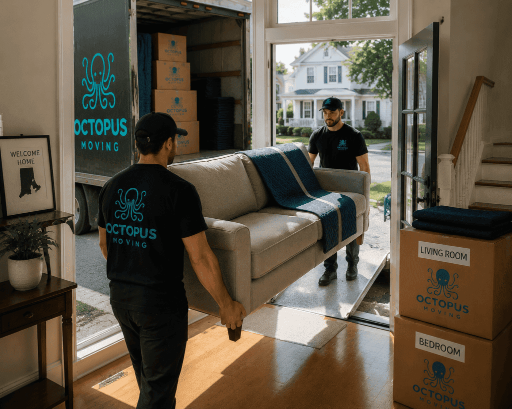 Movers unloading furniture at a new Rhode Island home