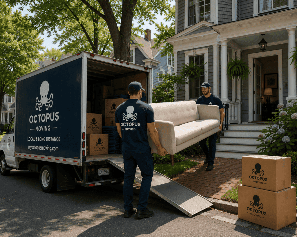 Movers unloading furniture into a new home near a tree lined Rhode Island neighborhood