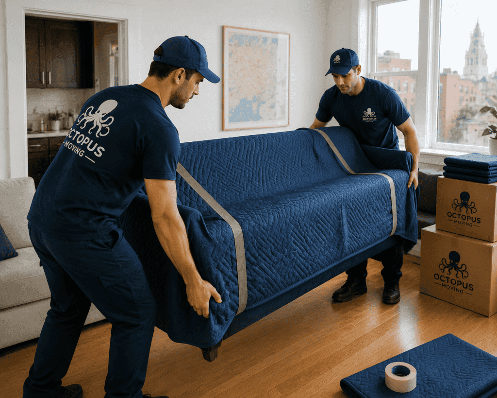 Movers using protective blankets while moving apartment furniture