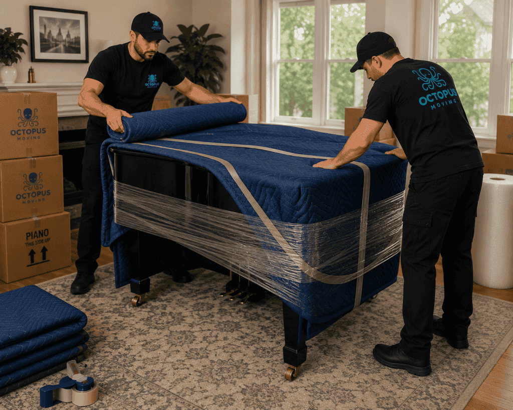 Movers wrapping a grand piano with heavy duty protective blankets