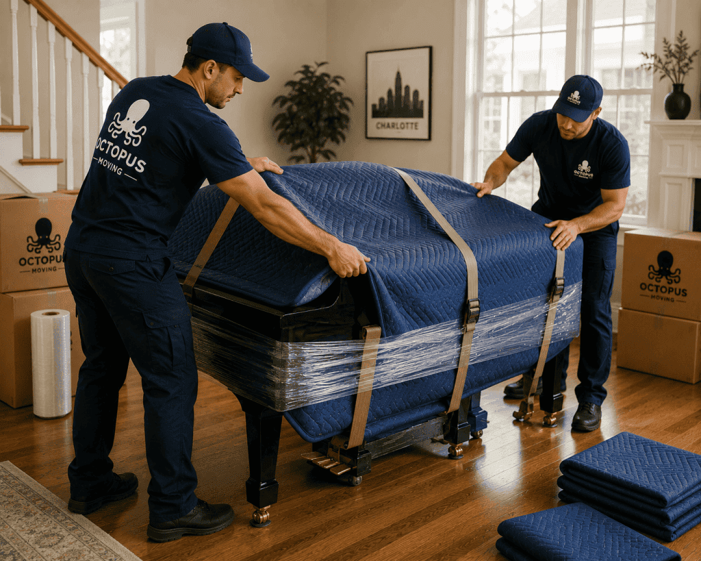 Movers wrapping a piano with thick protective moving blankets