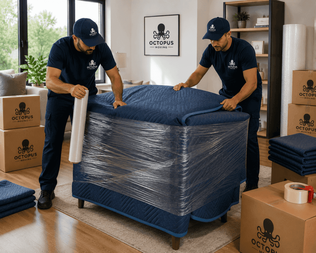 Movers wrapping furniture before a long distance move ()