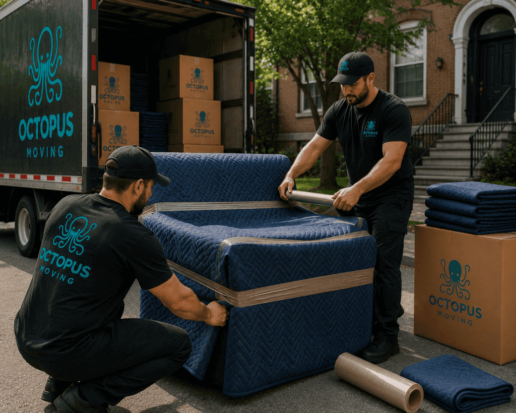 Movers wrapping furniture with protective blankets before loading