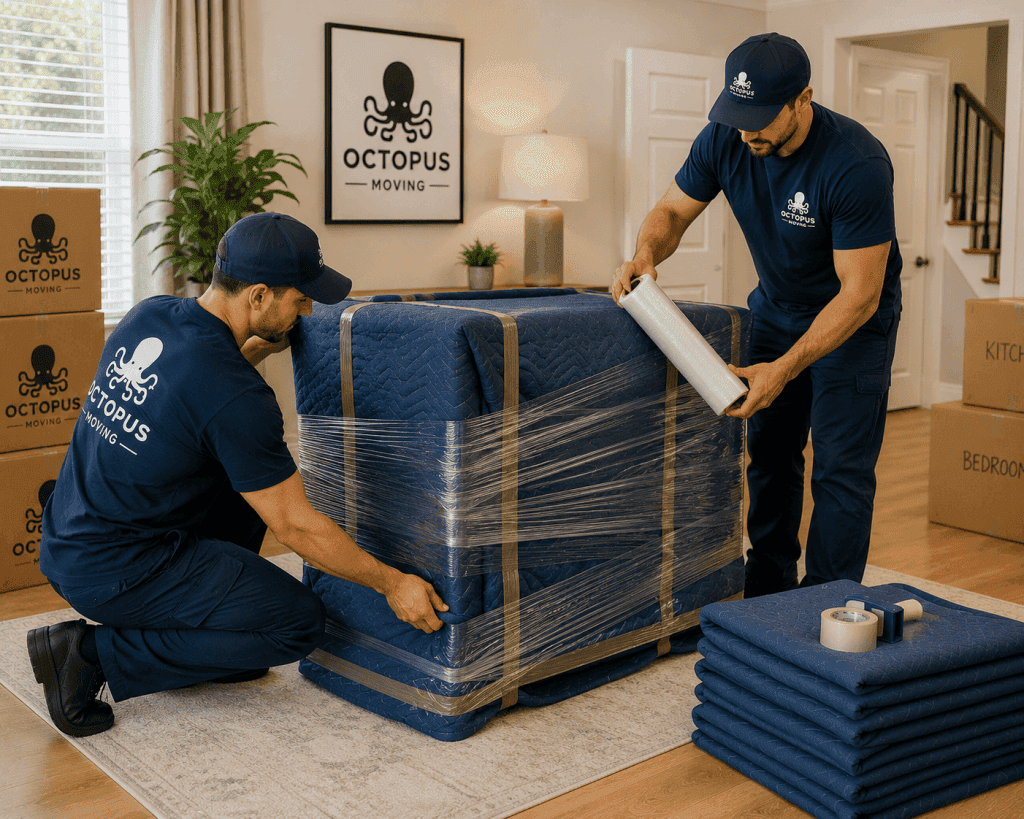 Movers wrapping furniture with protective moving blankets