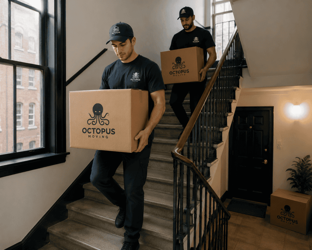 Moving crew carrying boxes down apartment stairs