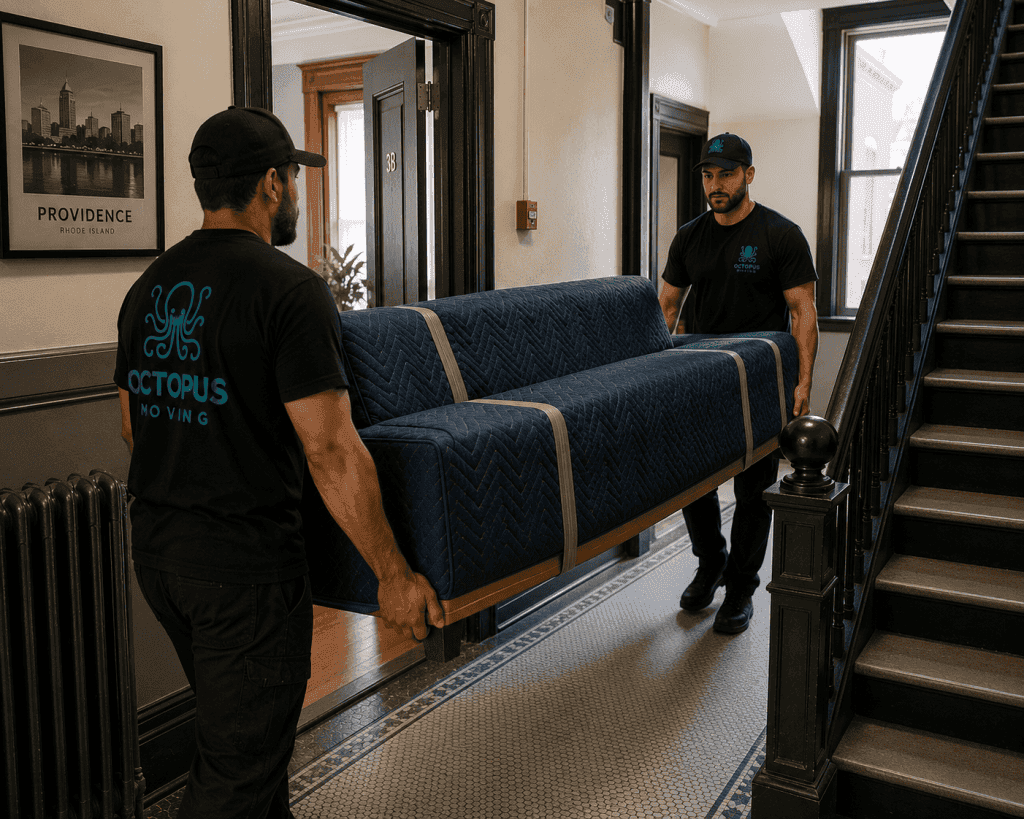 Moving crew carrying furniture through a Providence apartment building