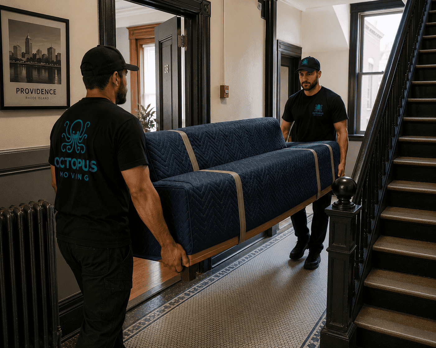 Moving crew carrying furniture through a Providence apartment building