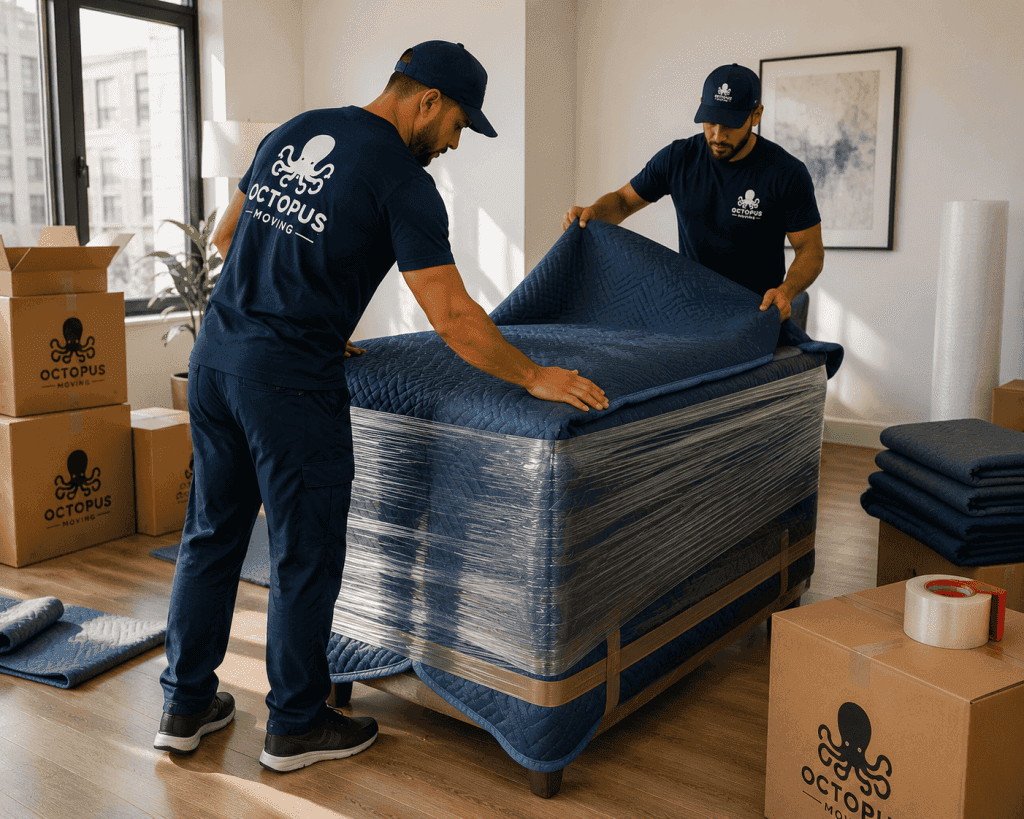 Moving crew protecting furniture with blankets and wrapping