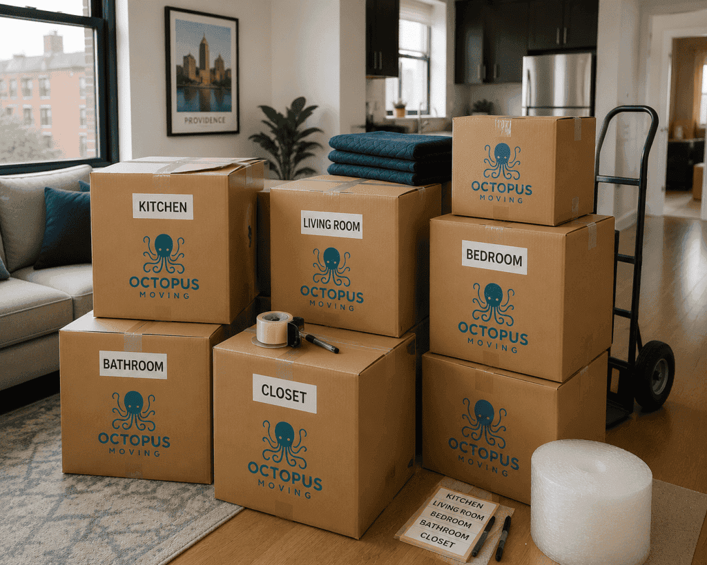 Organized apartment moving boxes labeled by room