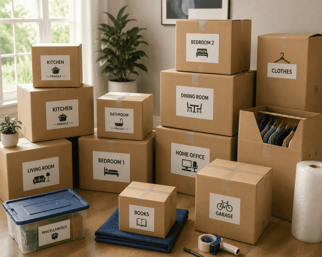 Organized boxes labeled for different rooms