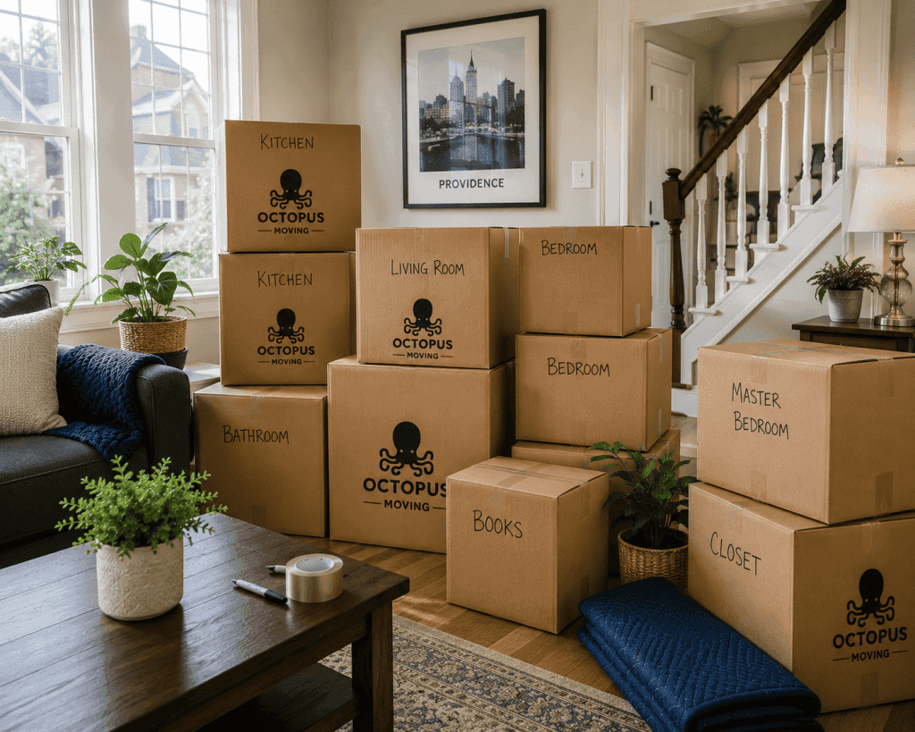 Organized moving boxes inside a Providence home labeled by room