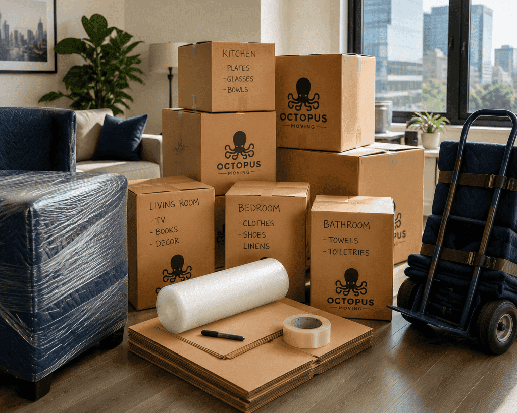 Organized moving boxes prepared for a same day relocation