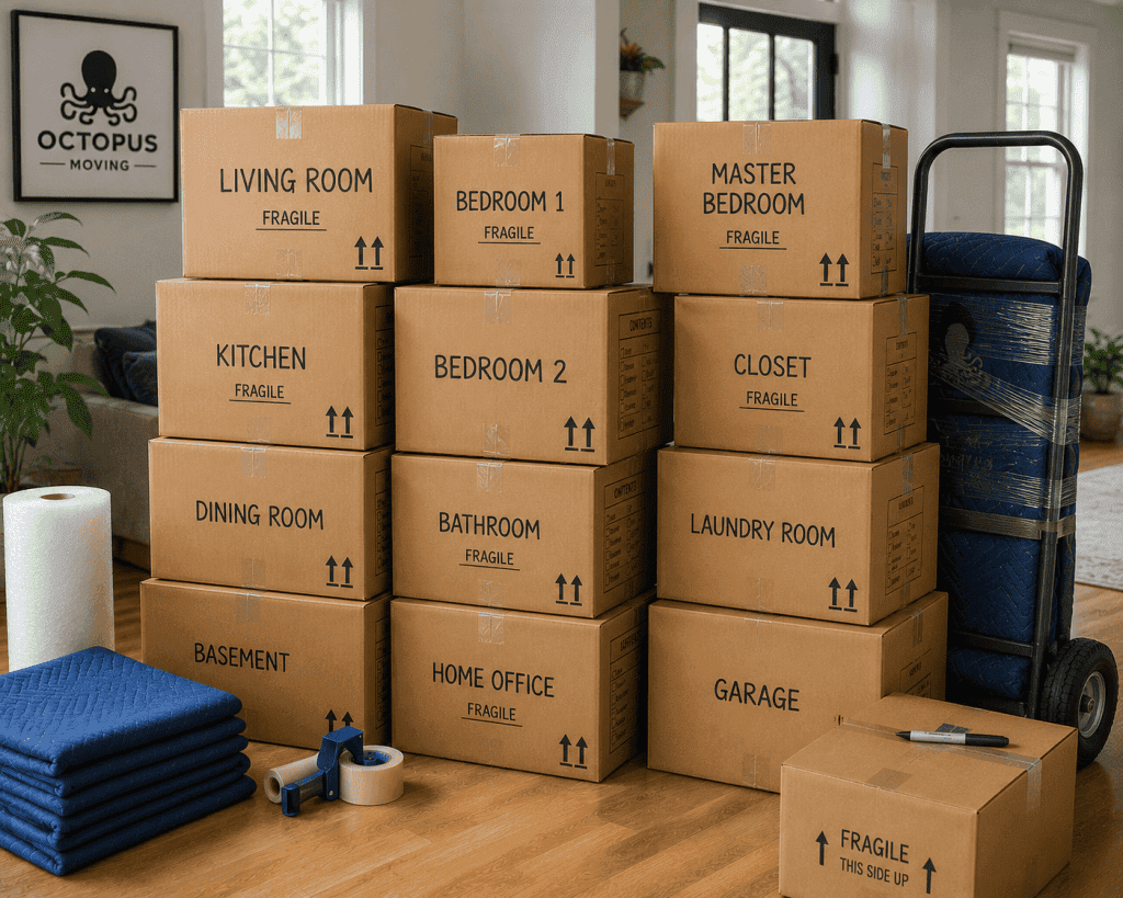 Organized stacks of labeled moving boxes ready for transport