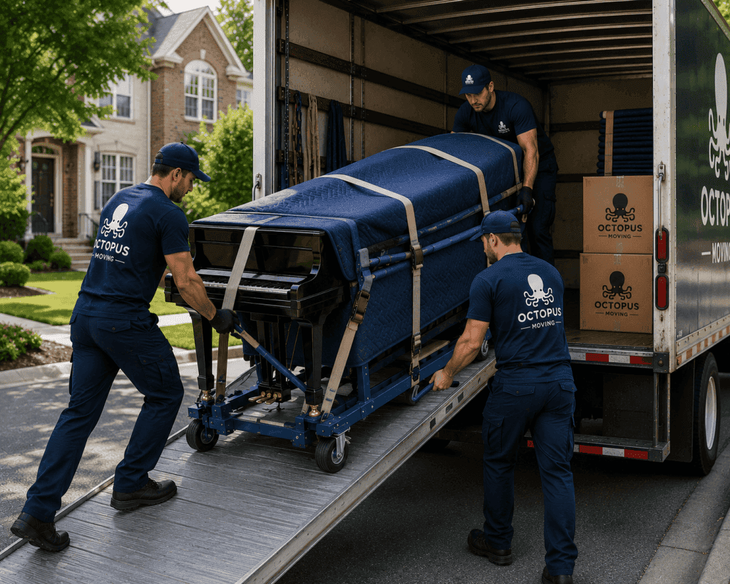 Piano being carefully loaded into a moving truck