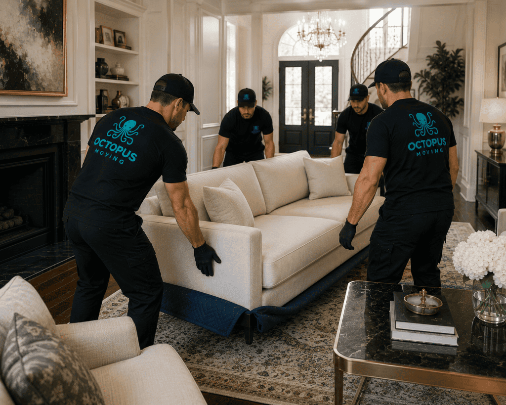 Professional crew placing furniture inside a luxury residence