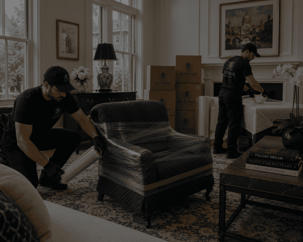 Professional movers carefully wrapping luxury furniture inside an upscale Providence home before transport