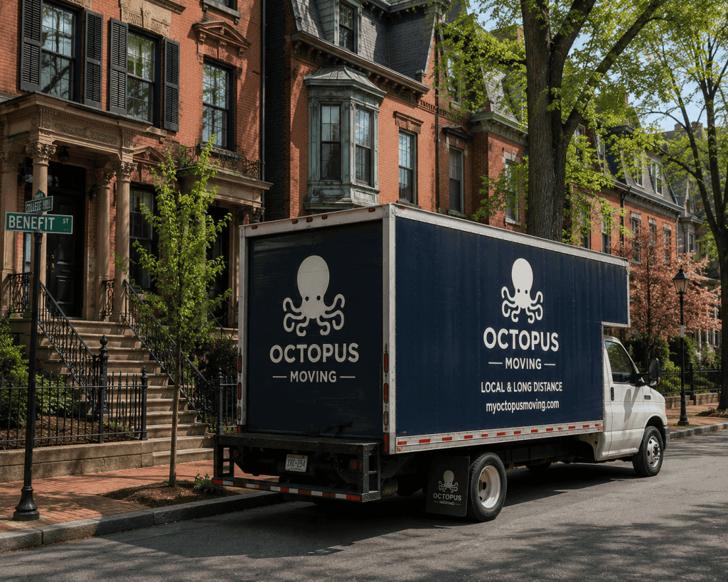 Professional moving truck parked outside a historic Providence residential street
