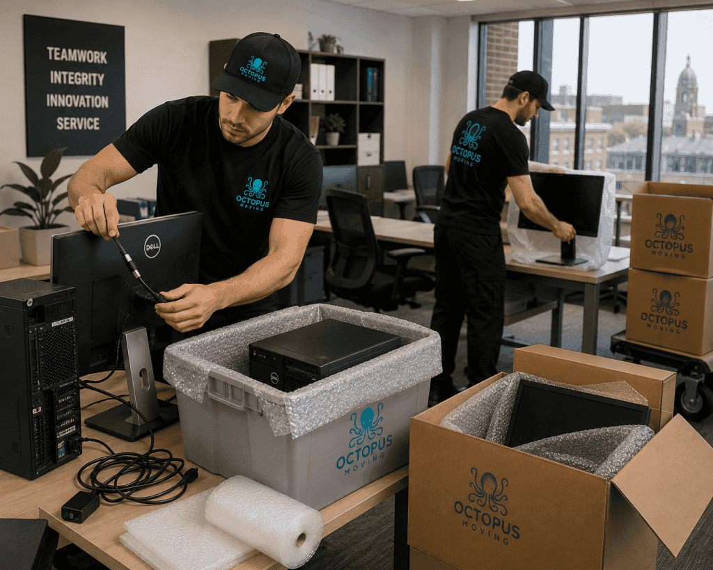 Movers disconnecting and carefully packing office computers and monitors
