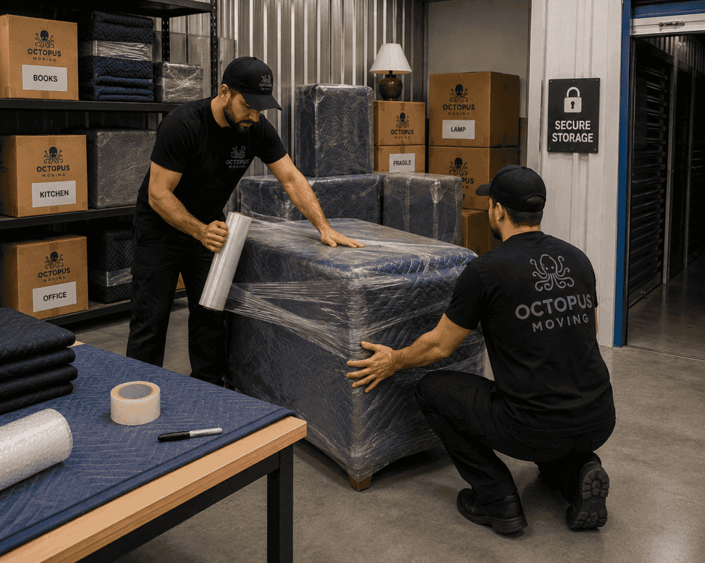 Movers wrapping furniture before placing it into storage