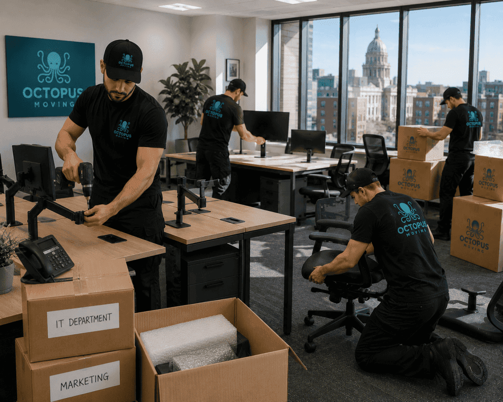 Moving crew setting up workstations in a new Providence office