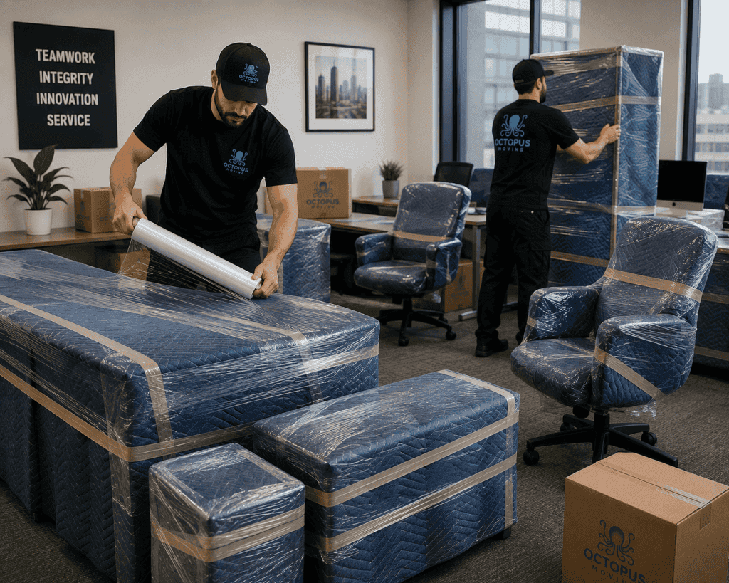 Office furniture wrapped with protective moving blankets