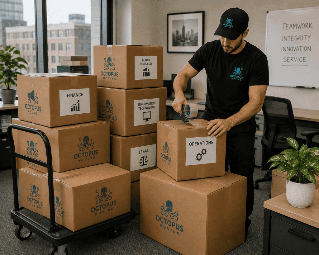 Organized labeled boxes for different office departments