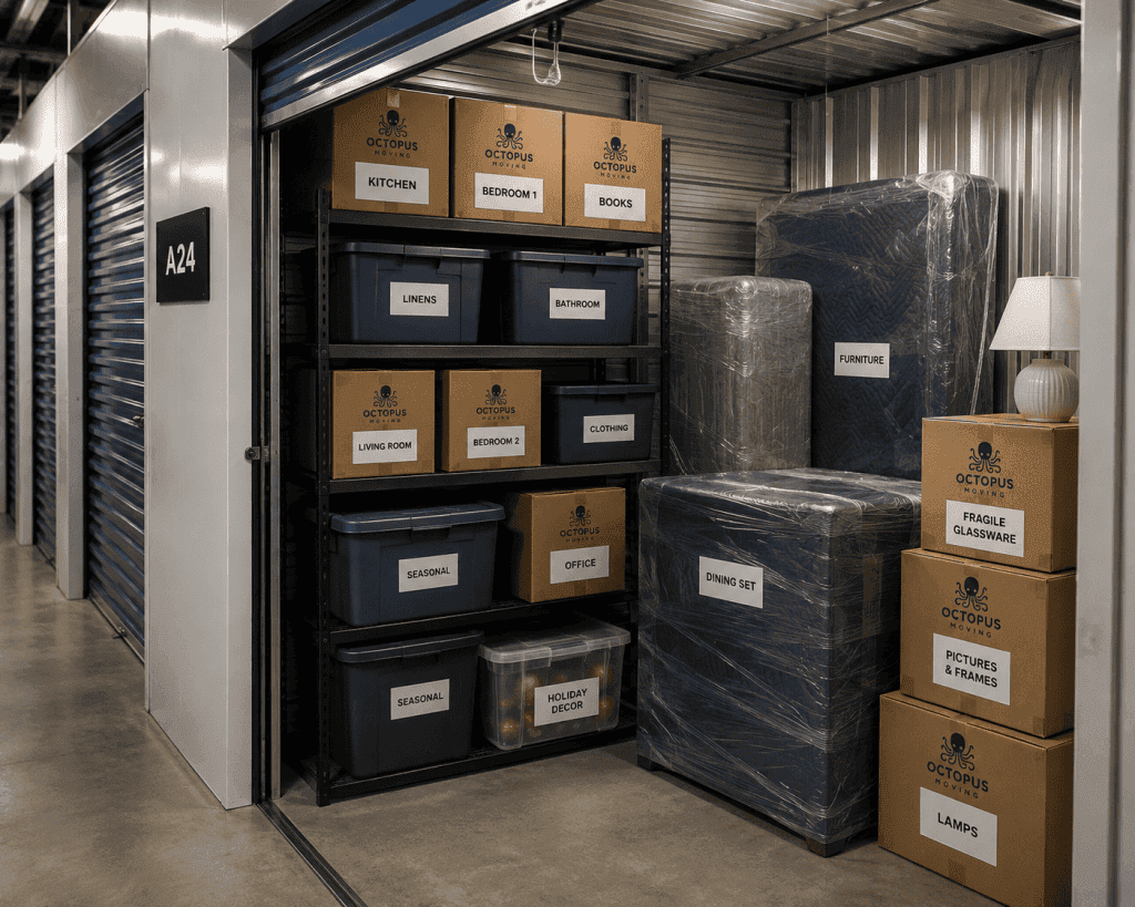 Organized storage vaults with labeled household belongings