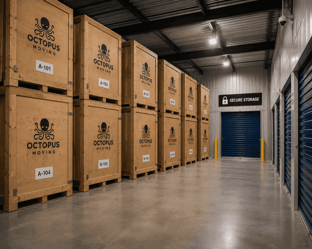 Secure storage facility with stacked moving containers