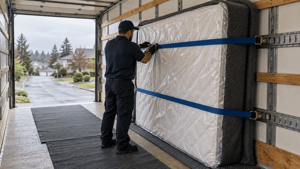 Bagged mattress strapped upright against the side wall of a box truck