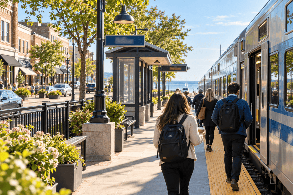 Commuter train platform in a North Shore suburb with a downtown street behind it
