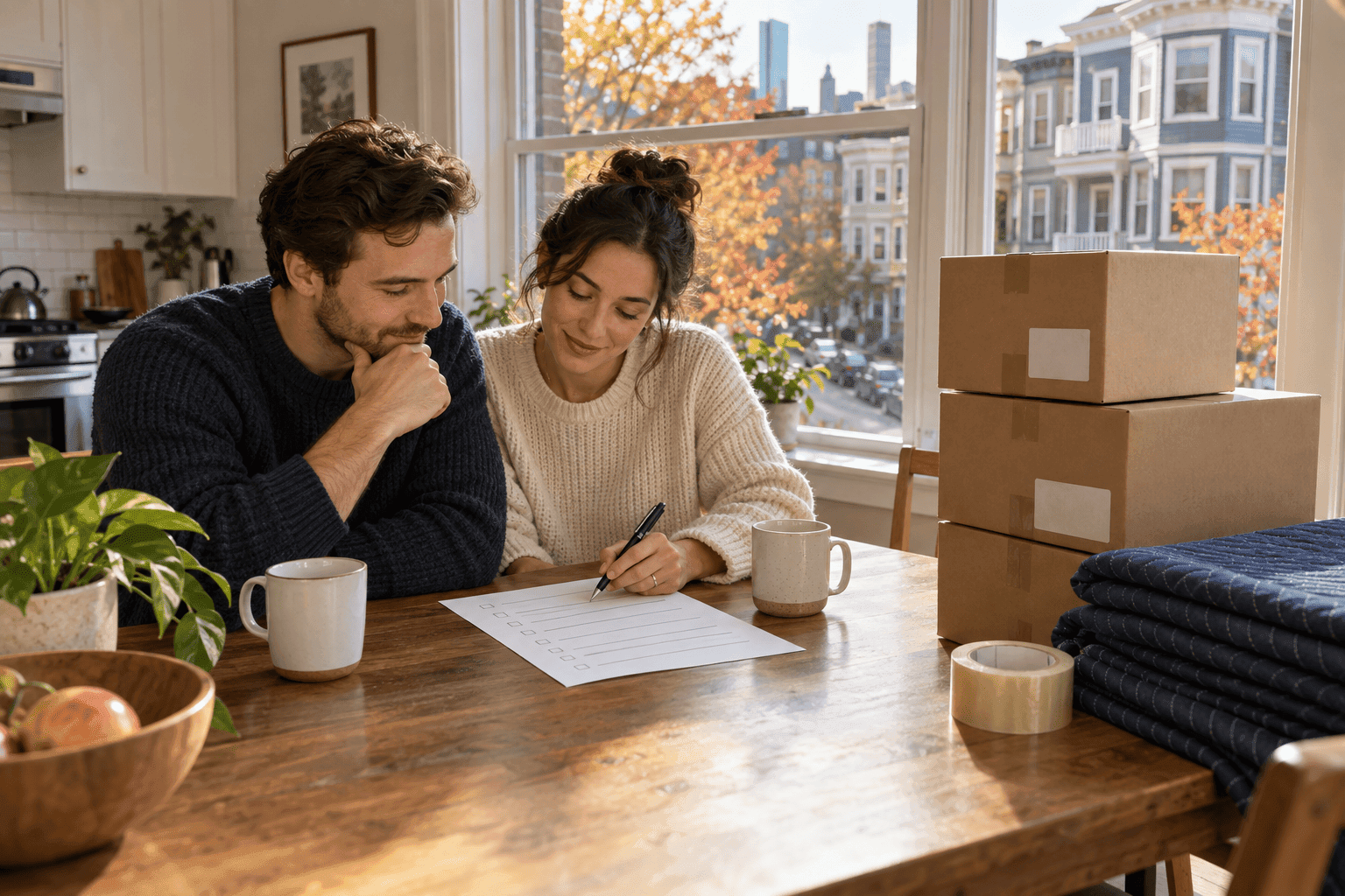 Couple at a kitchen table checking a printed moving checklist next to labeled moving boxes