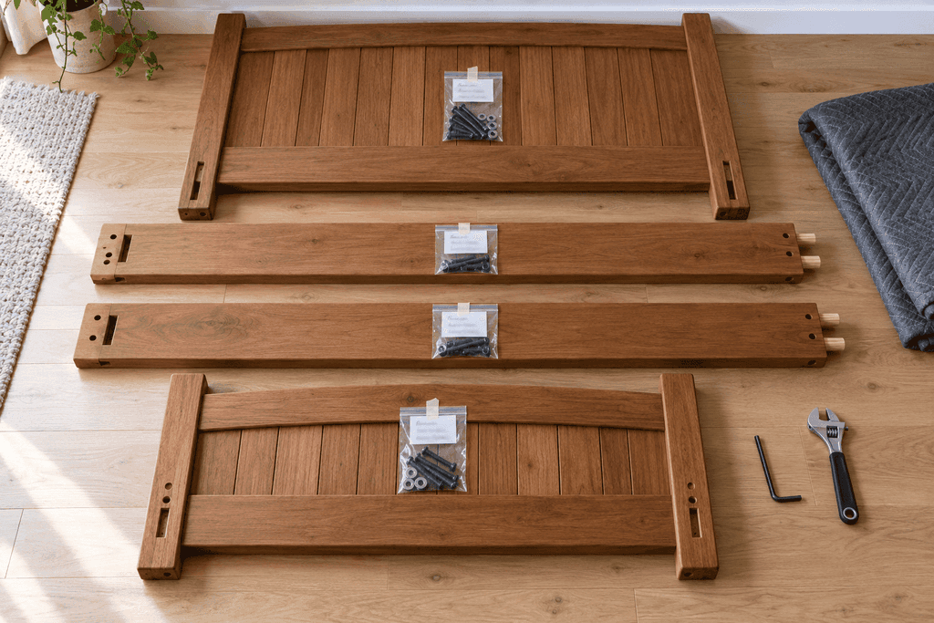Disassembled bed frame rails with labeled bags of bolts taped to each piece