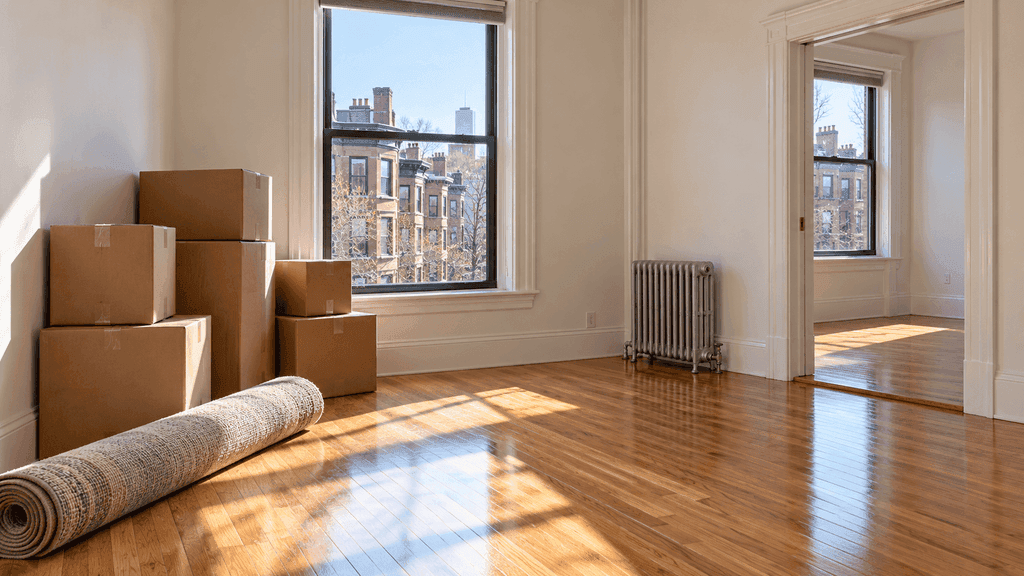 Empty Boston apartment with moving boxes stacked by the window