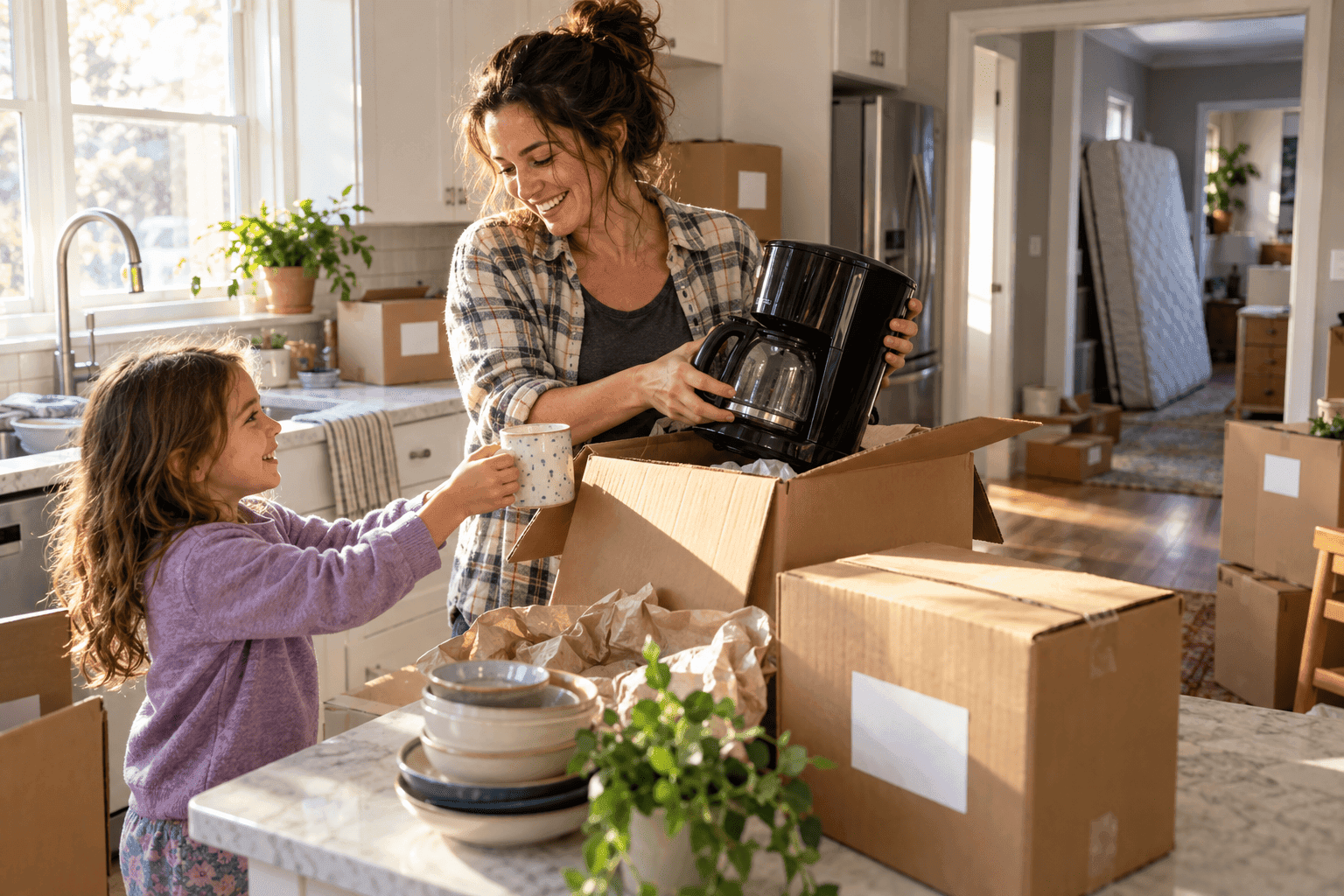 Family unpacking kitchen essentials in a new home with room labeled moving boxes