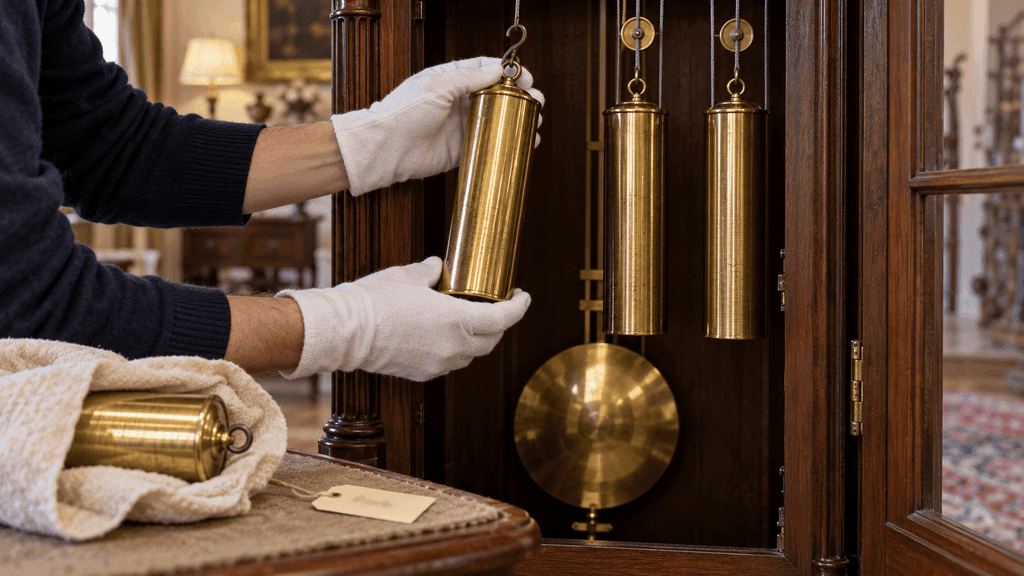 Gloved hands lifting a brass weight out of a grandfather clock case