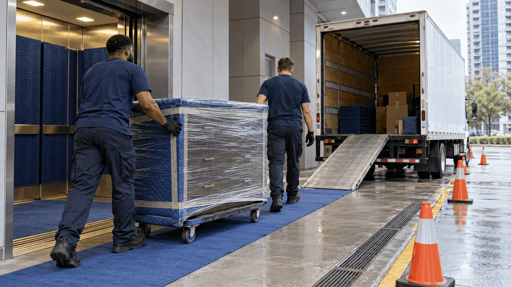 Movers loading a box truck at a Chicago high rise loading dock with protective floor covering
