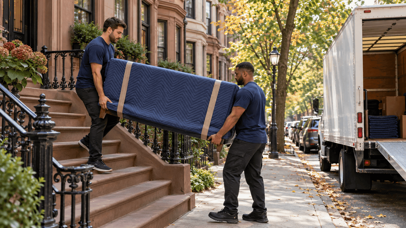 Movers loading a box truck outside a Boston brownstone