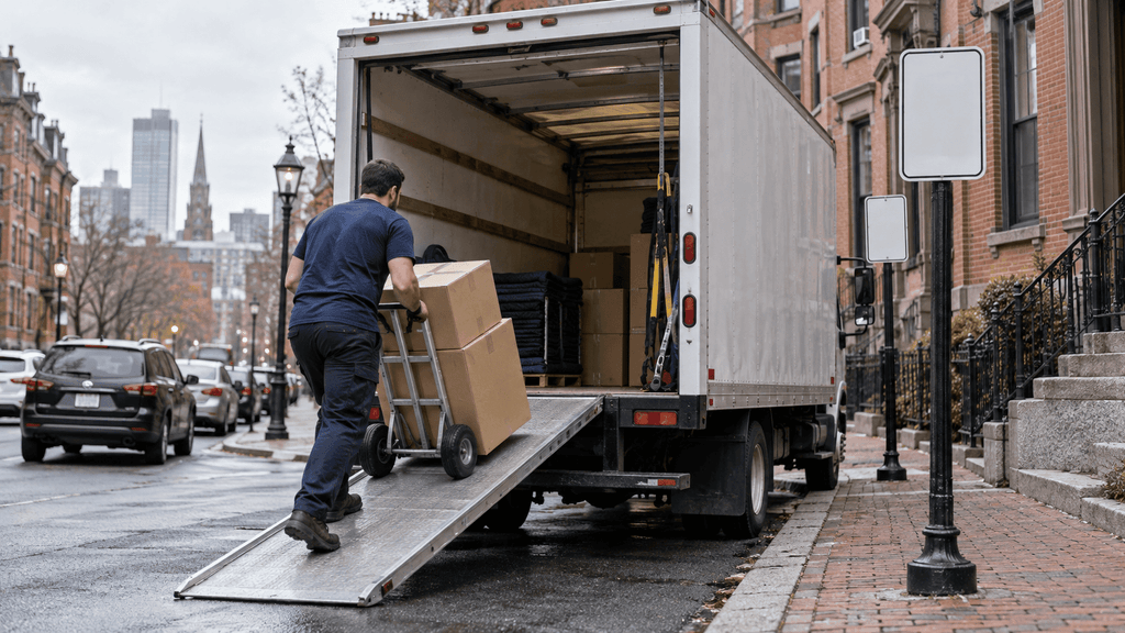 Moving truck parked in a reserved curb space on a Boston street