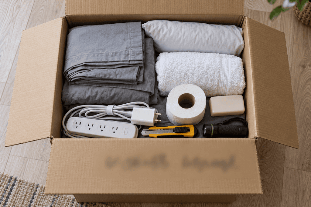 Open night one box holding sheets, towels, chargers, a power strip, and a box cutter