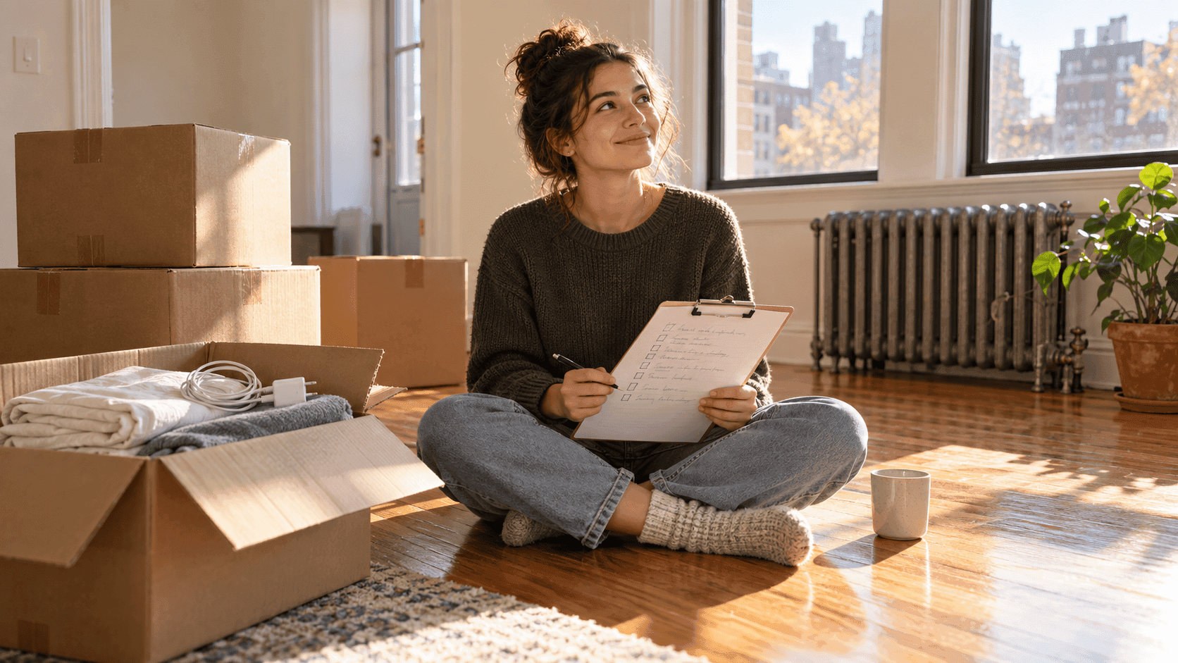 Renter sitting on the floor of an empty first apartment with a night one box and a checklist ()