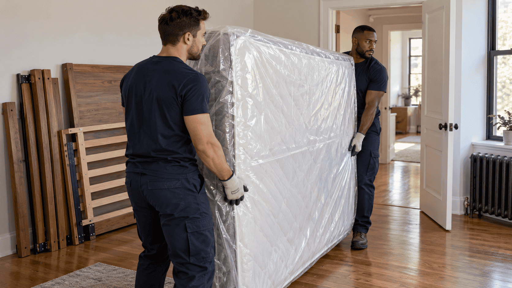Two movers carrying a bagged mattress on its long edge through a bedroom