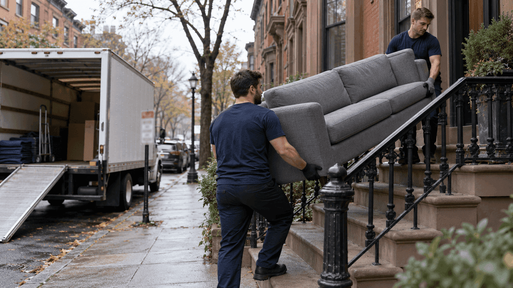 Two movers carrying a sofa up the front stairs of a Boston brownstone apartment building