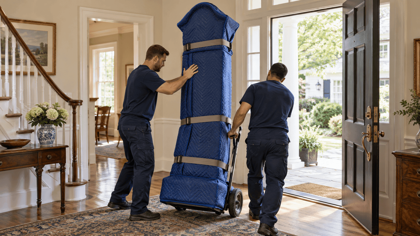 Two movers wheeling a blanket wrapped grandfather clock upright on a dolly