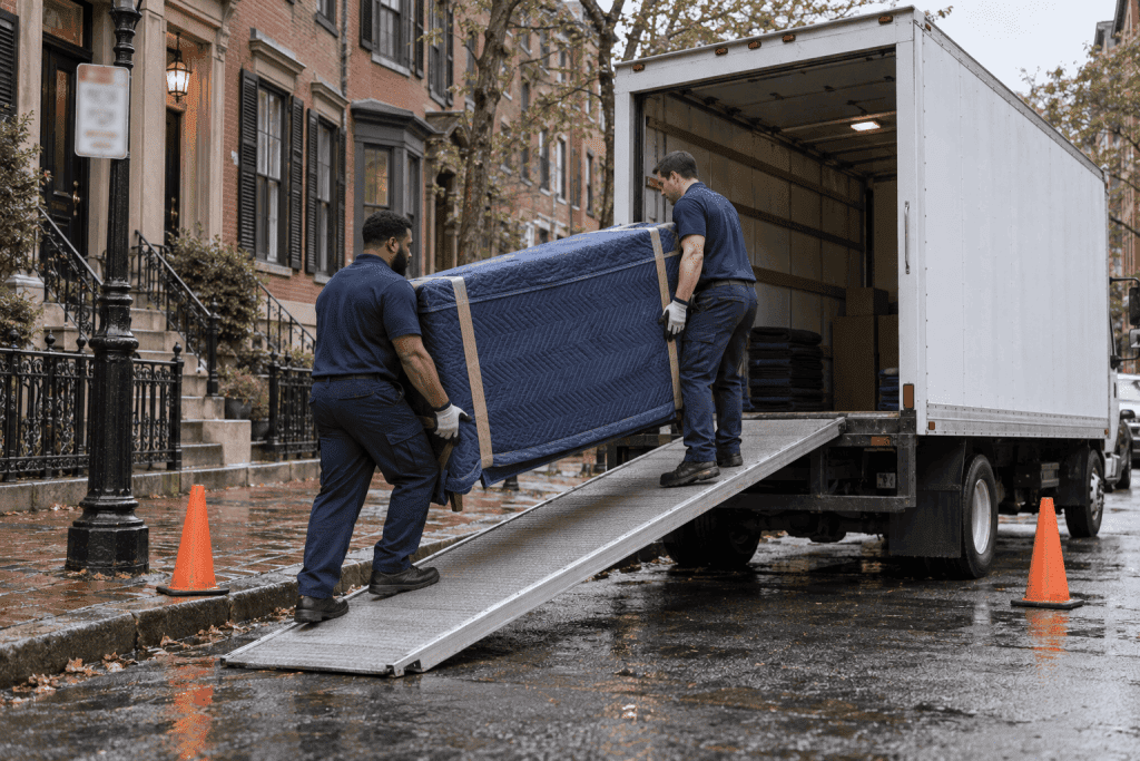 Two professional movers loading wrapped furniture into a white box truck on a narrow Boston street