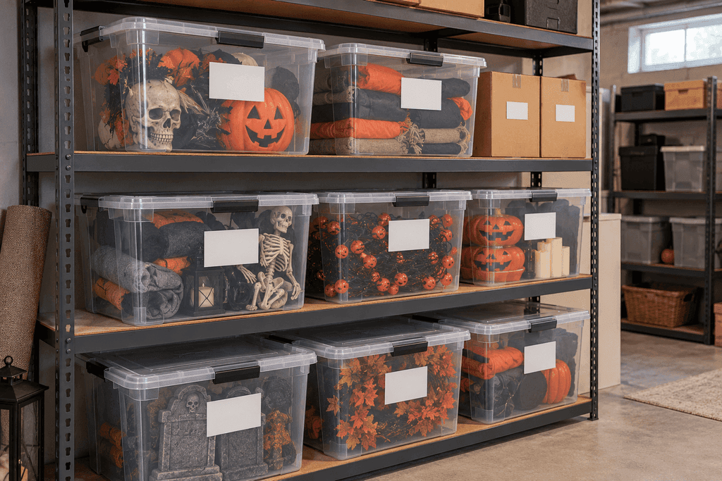 halloween decoration storage bins labeled