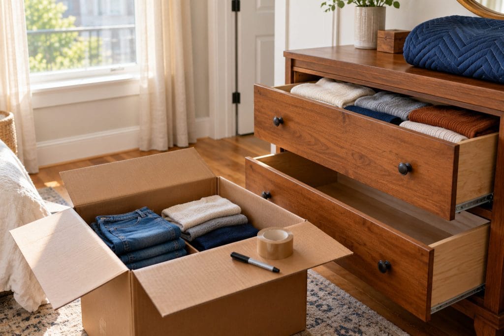 packing clothes from dresser for moving